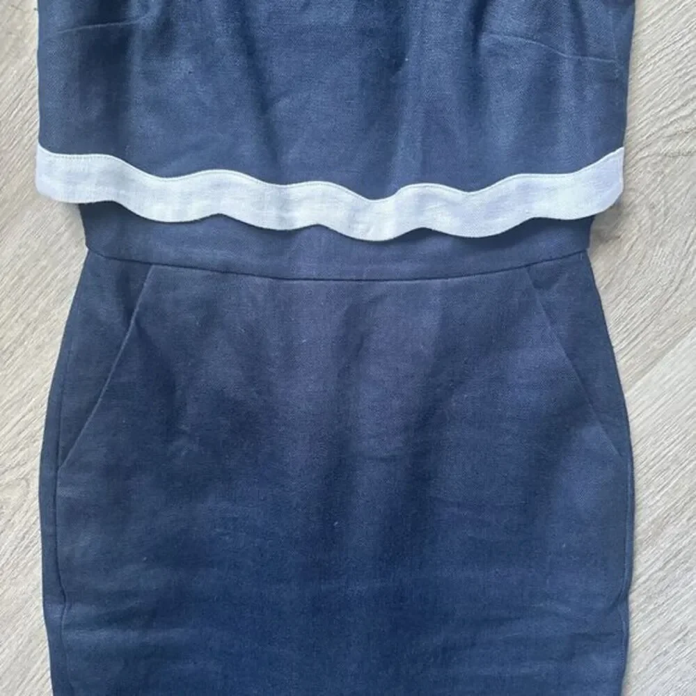 J CREW Going Places Linen Dress Size  00P tall Sleeveless Navy White Scallop Hem